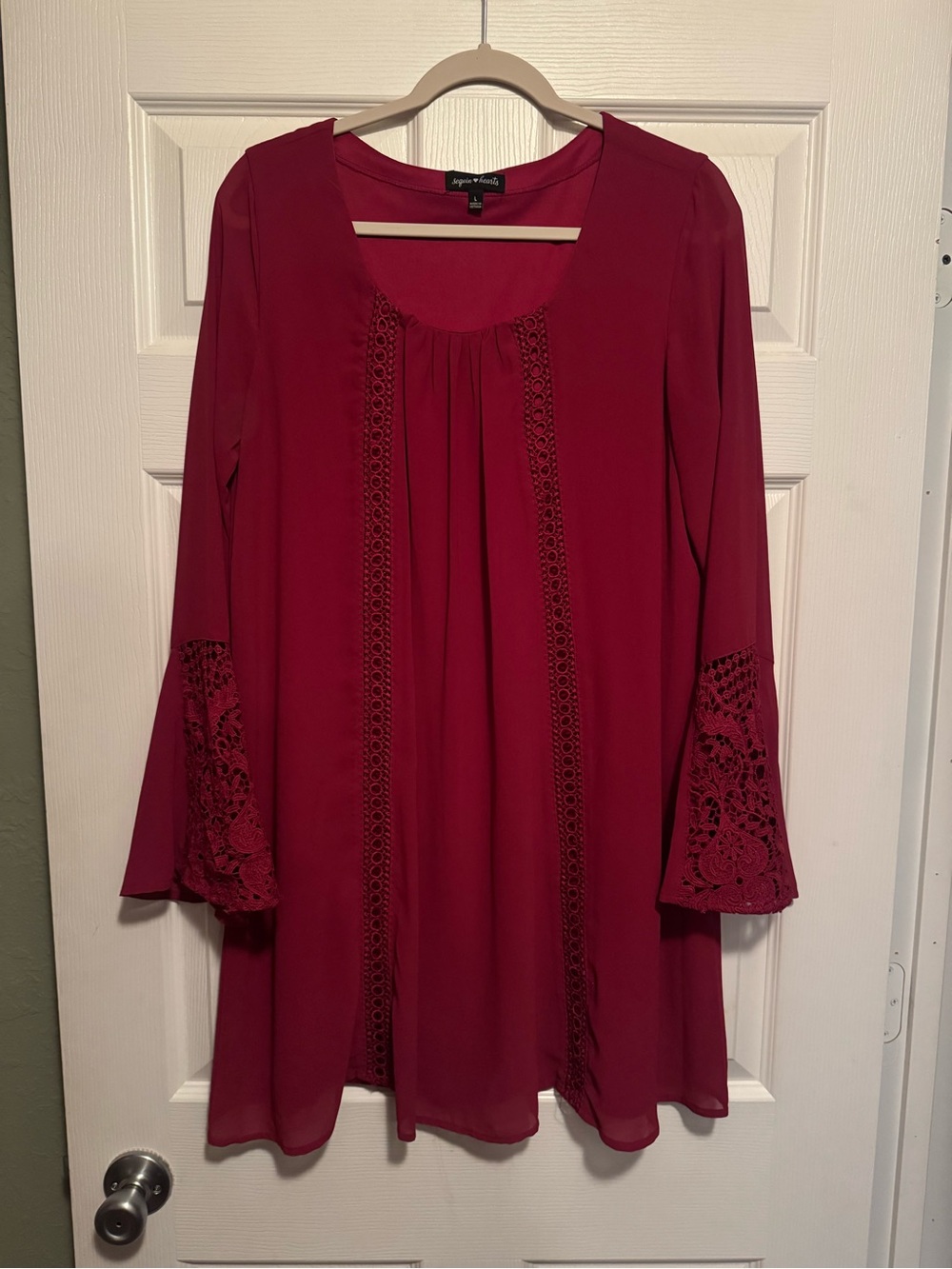 Sequin Hearts Sz Large Berry Burgandy Mini Dress with Lace-Trim, bell sleeves